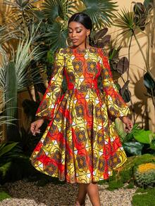 Faeriesty Ethereal Geometric Print Long Sleeve Midi Dress - Elegant Spring/Summer Style, Suitable For Garden Parties, Cultural Events, Vacations, And Transitions From Office To Brunch - Orange - View 7