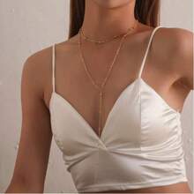 1 Pc Stainless Steel Double-Layer Necklace Long Pendant Necklace Jewelry Y-Shaped Chain With Round Ball Pendant Double Chain Necklace For Women Daily Wear
