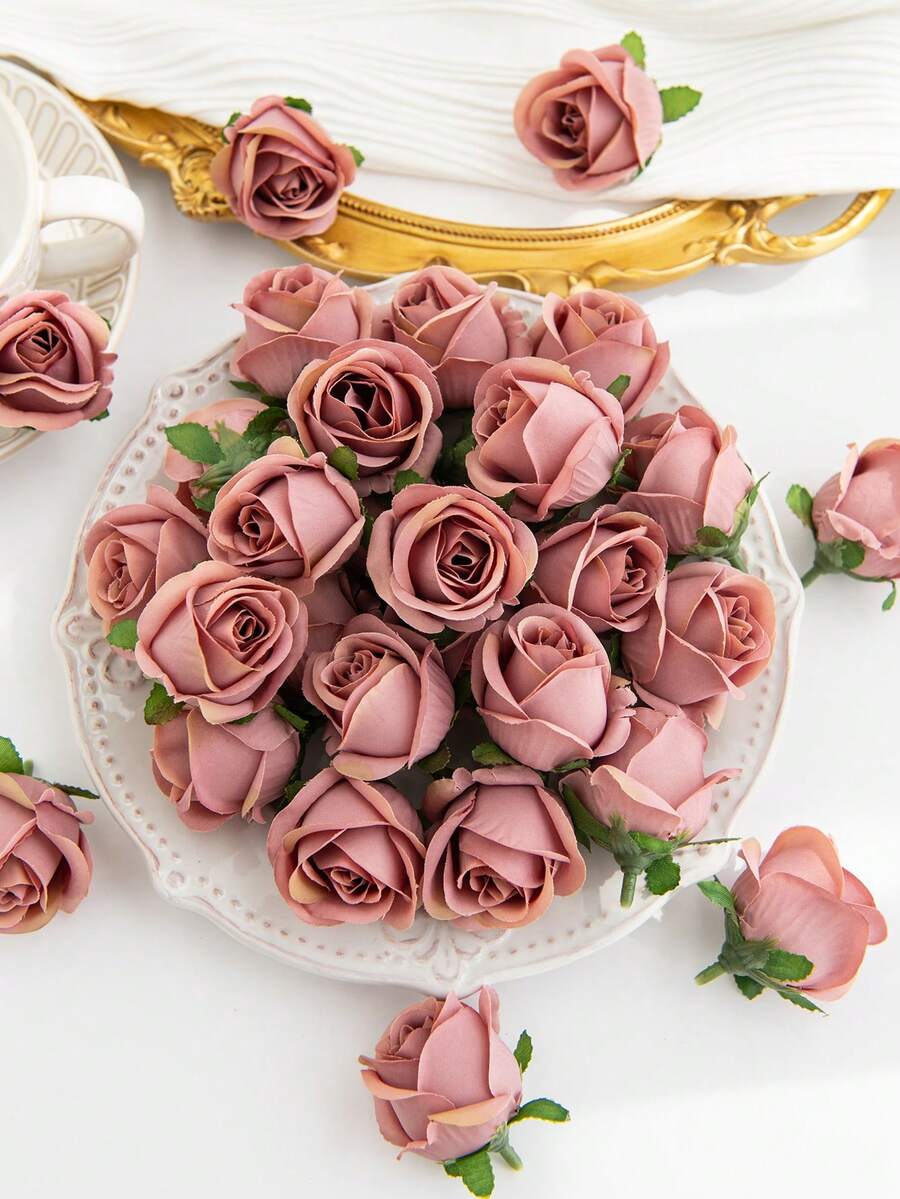 10/30PCS仿真玫瑰花头及花蕾婚礼装饰新娘手腕花手捧花头花材料DIY情人节礼物结婚糖果盒蛋糕生日派对装饰材料花冠材料家居情人节礼物新年装饰材料