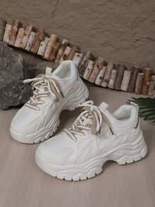 女士加大码厚底厚底运动鞋，秋季新款休闲运动鞋，时尚厚底运动鞋 - 白色 - 查看 2