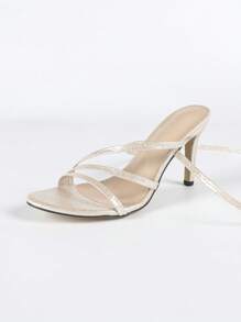 Sandalias de tacón de aguja con tira de metal y punta abierta para mujer, tacones altos brillantes de color albaricoque estilo sexy para fiesta