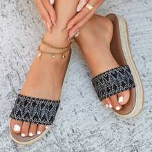 Plus Size Thick Sole Wedge Slippers For Women, Cross-Border Mid Heel Linen Straw Woven Flat Sandals, Bohemian Ribbons, Women Casual Beach Vacation Holiday Wedding Party Outdoor Sandals, Summer
