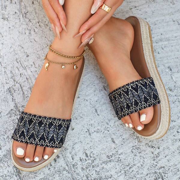 Plus Size Thick Sole Wedge Slippers For Women, Cross-Border Mid Heel Linen Straw Woven Flat Sandals, Bohemian Ribbons, Women Casual Beach Vacation Holiday Wedding Party Outdoor Sandals, Summer