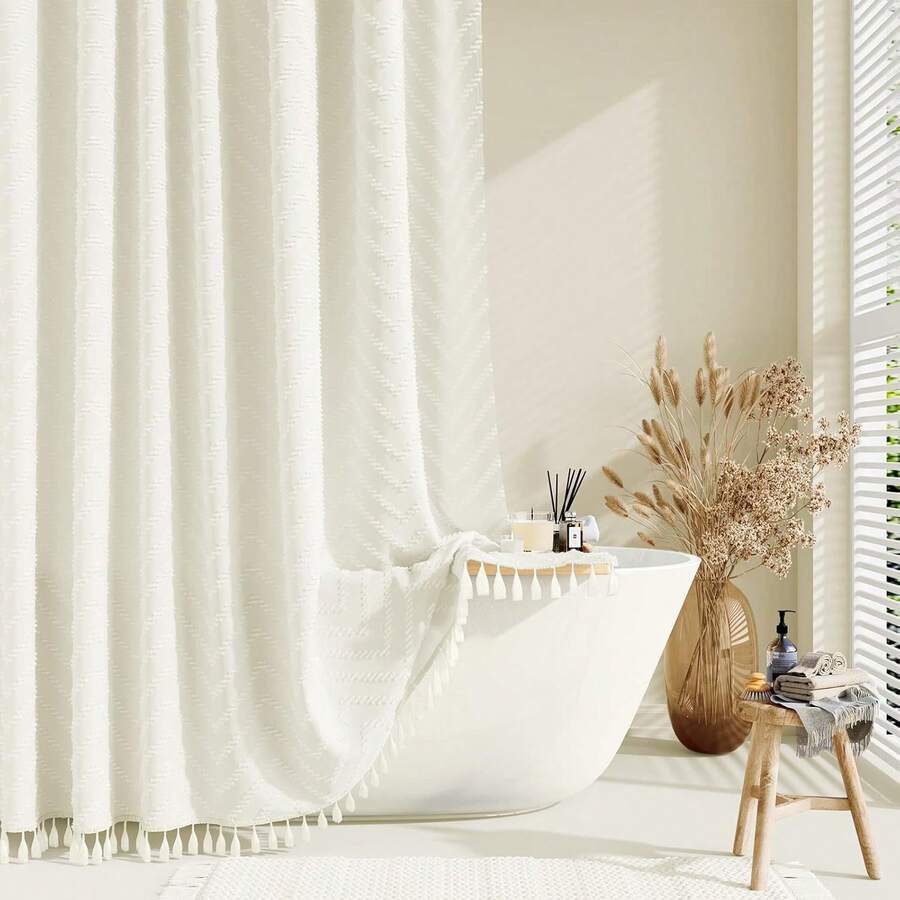 Stall Fabric Shower Curtain, 54x78 Inch Boho Tufted  Striped Shower Curtains For Bathroom, Minimalist Heavy Duty Cloth Shower Curtain Set With 10 Hooks, Machine Washable, Cream - 彩色 - 查看 1