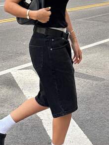 Summer Casual Daily Loose Fit Denim Bermuda Shorts, Black - 黑色 - 查看 2