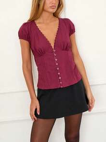 Women Y2k Lace Trim Button Down Shirt Top Fairycore Short Sleeve Lapel Collar Slim Fit T Shirts Crop Tops Summer Going Out Tops Blouses Vinatge Aesthetic Clothes Streetwear - 玫紅色 - 查看 3