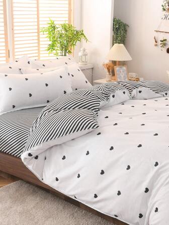 4-częściowy zestaw pościeli z wzorem serca i pasków (1 poszewka na kołdrę, 2 poszewki na poduszki, 1 prześcieradło), elegancki styl pasterski, przyjazny dla skóry, wygodny, odpowiedni do łóżka pojedynczego/podwójnego, całoroczny