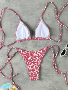 Polovedo Official Women Sexy Floral Print Halter Tie Front Bikini Set Set