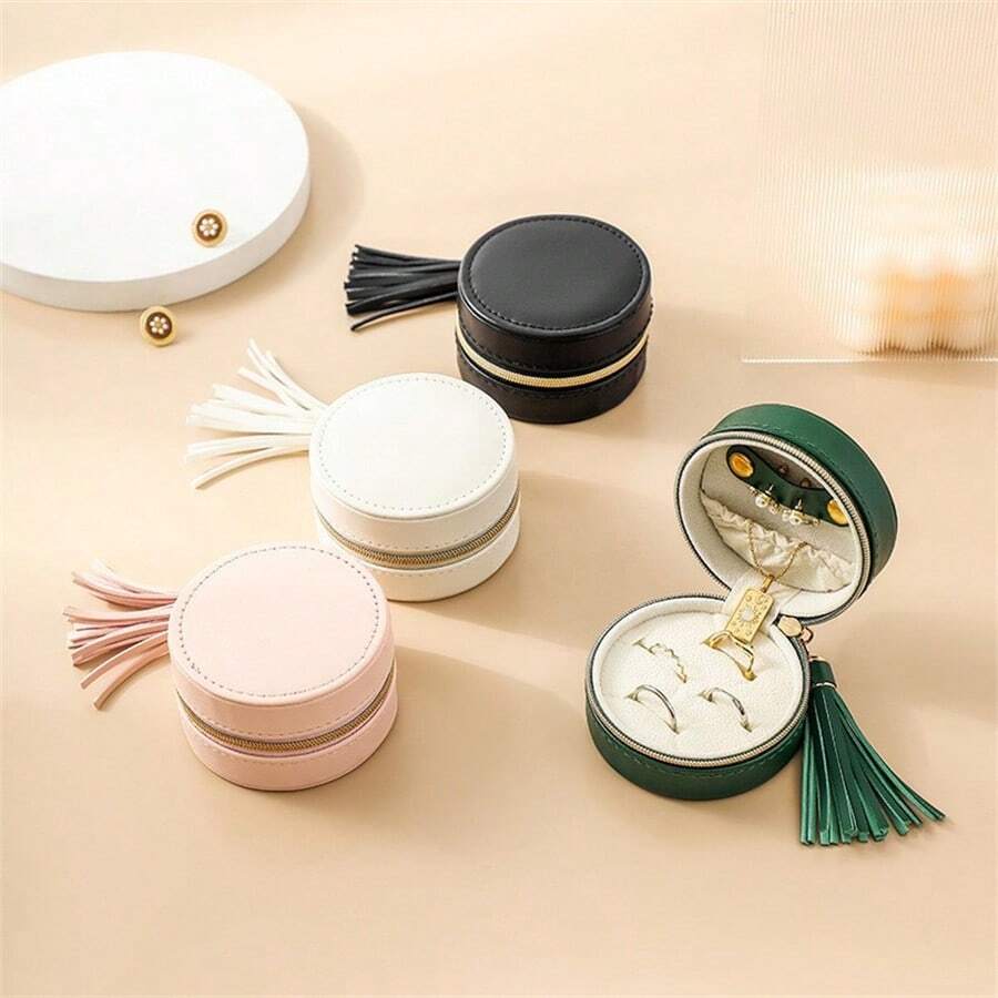 1pc Round Tassel Travel Mini Jewelry Box, Ring Earring Stud Organizer, PU Leather Zipper Jewelry Storage Box, Jewelry Counter Protection Display Box - Round - View 1