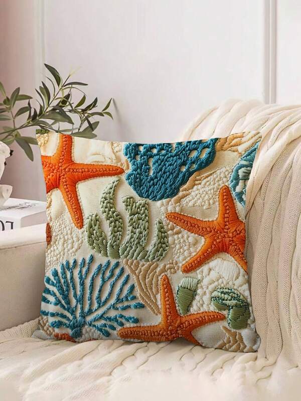 Capa de almofada decorativa estilo náutico com estampa de estrela-do-mar, charme costeiro - 45,7 cm x 45,7 cm, poliéster macio, lavável à máquina, com estampa vibrante temática oceânica, adequada para sala de estar, quarto, decoração de escritório (encaixe não incluído), decoração com tema de praia