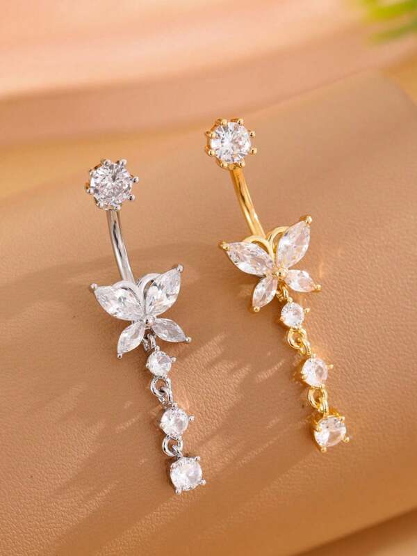 Crystal Butterfly Belly Button Ring Long Pendant Navel Piercing Jewelry