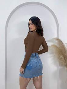 Marquezine Women's Long Sleeve Bodysuit With Front Wrapped Cup - 鏽棕色 - 查看 4