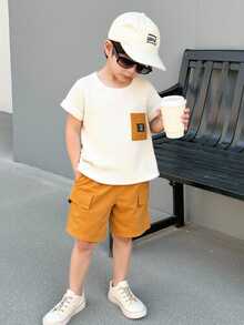 2 件装年轻男孩时尚简约圆领针织上衣 + 休闲短裤套装 - 杏色 - 查看 3