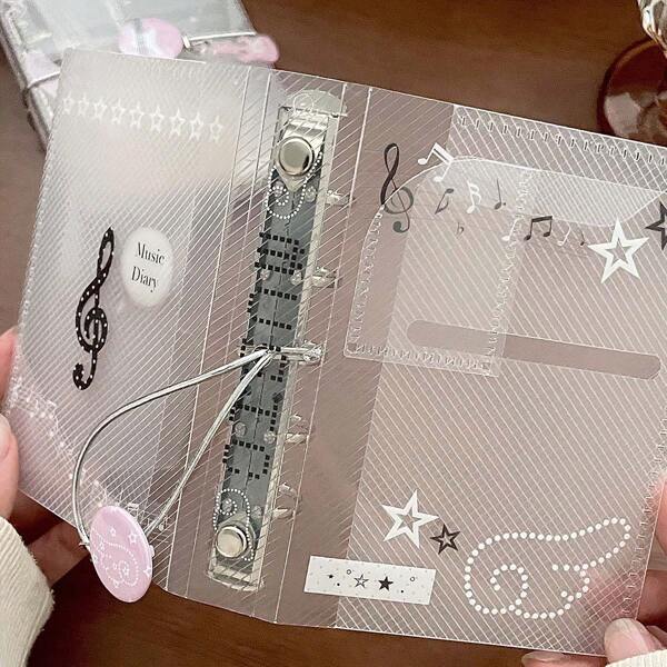 Caderno de Folhas Soltas M5 com Porta-cartões 3 Dobras e Decoração, Bloco de Notas Prático, Suprimentos Escolares, De Volta às Aulas