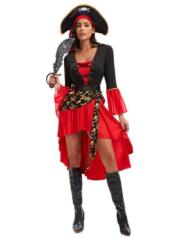 (Vestido + Sombrero + Cinturón) 1 Set Disfraz de Mujer Pirata, Traje de Capitán Pirata de Lujo para Cosplay, Actuación en Escena, Baile - Disfraz de Pirata Rojo para Mujeres Adultas Fiesta, Festividad, Carnaval