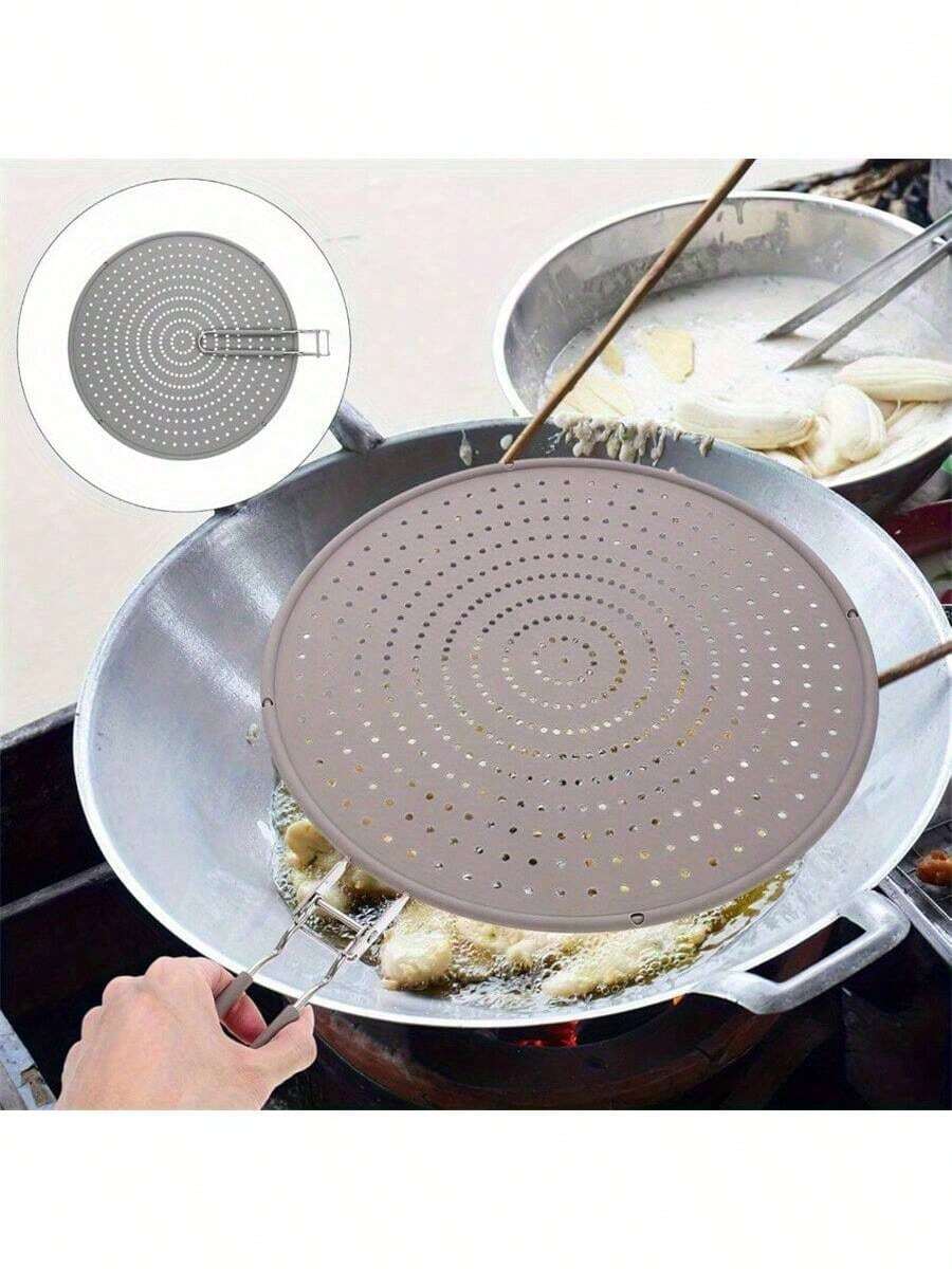 1pc, Premium Grease Splash Screen, Frying Pan Grease Splash Screen, Cooking Splash Guard, Silicone Fine Mesh Splash Screen With Handle, Kitchen Tools