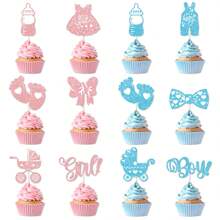 12pcs Glitter Gender Reveal Party Cupcake Decorations Toppers Blue And Pink Cake Toppers Cupcake Toppers Cake Topper, Bottle Foot Print Nipple Cupcake Toppers Cake Topper For BabyShower Party Decoration Supplies