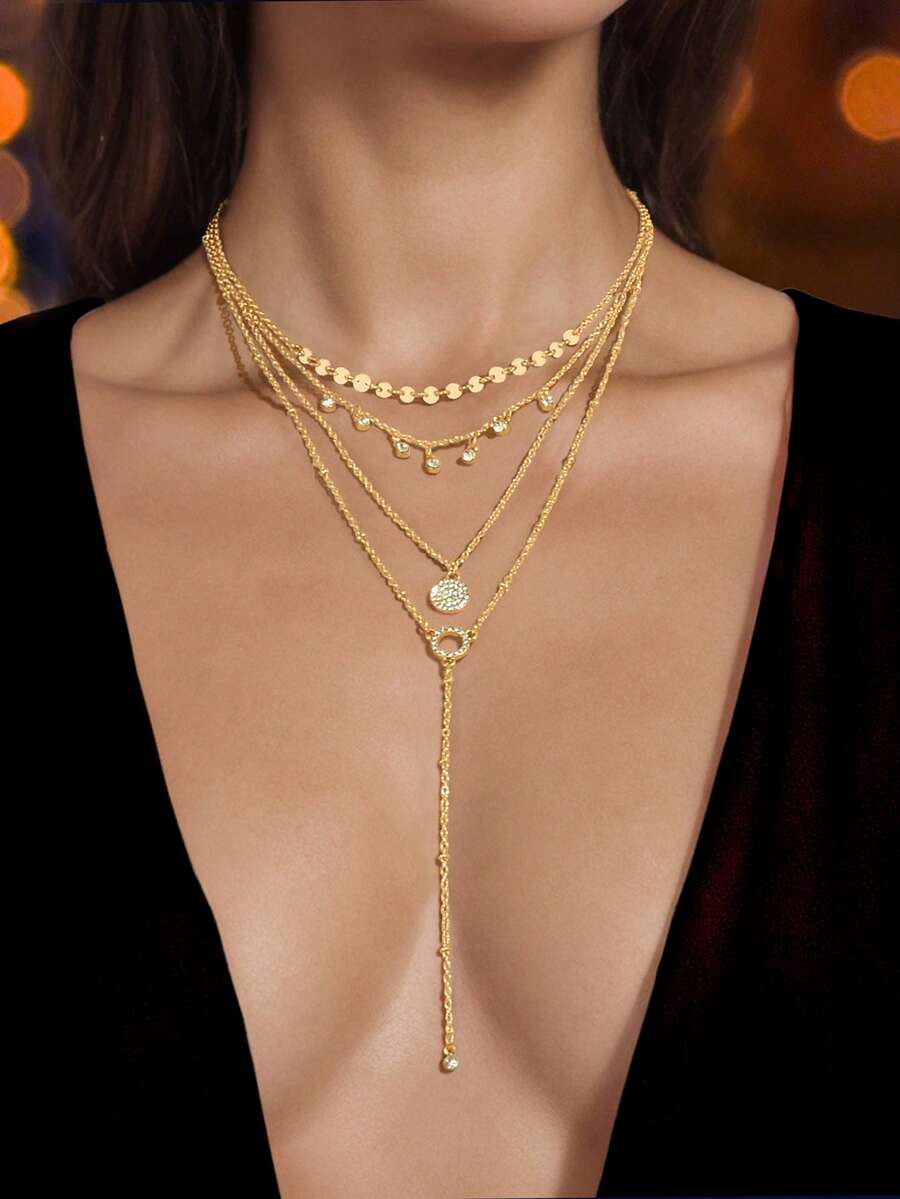 1 chiếc dây chuyền mặt dây dài hình chữ Y nhiều lớp đính pha lê thời trang, màu vàng kim, phụ kiện thích hợp cho tiệc tùng, trang sức mùa hè, đi biển. - Vàng - Xem 1