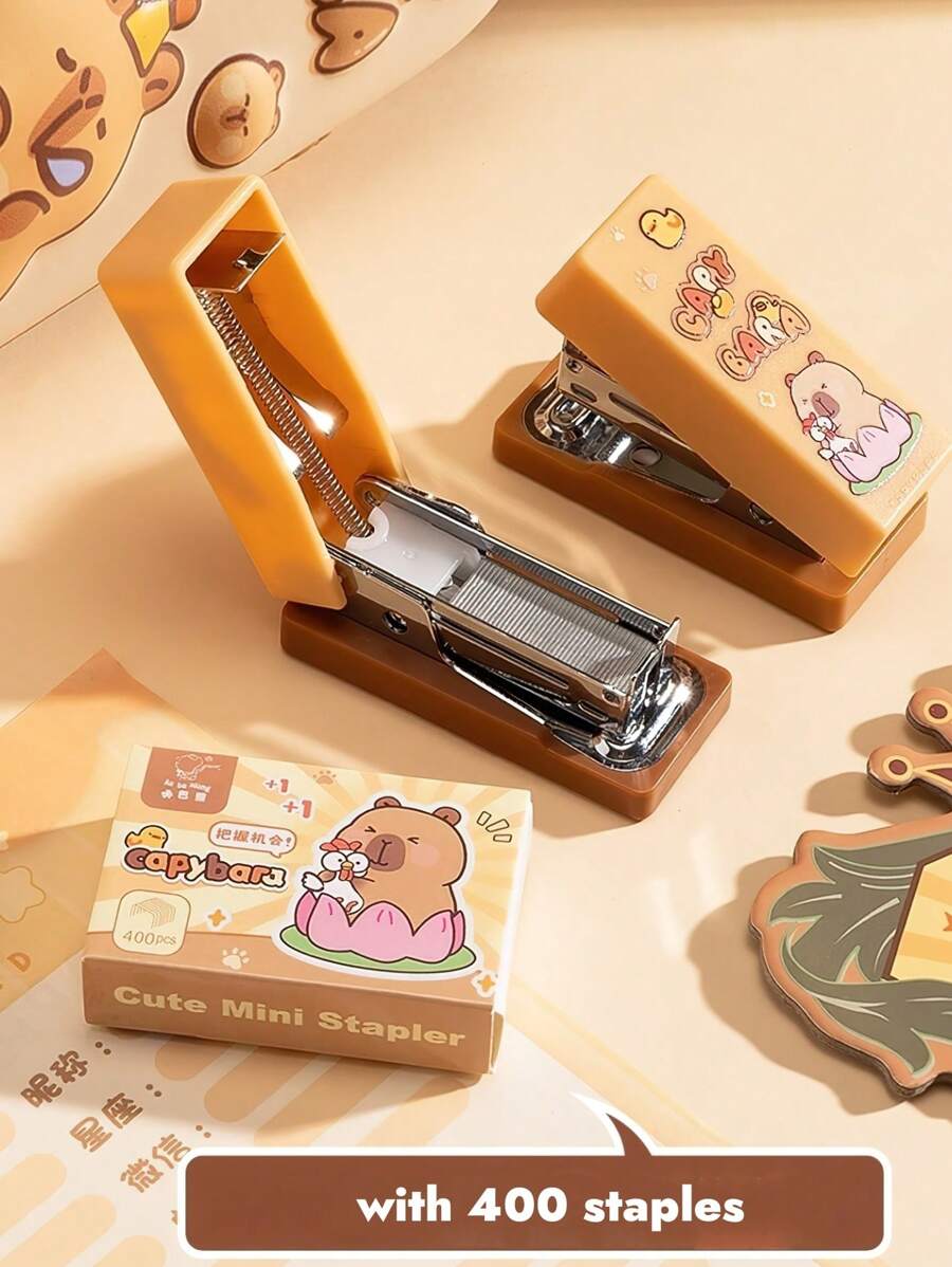 1 pieza Grapadora de Capibara con 400 grapas, herramienta de encuadernación portátil de diseño de panda de dibujos animados, accesorios de mesa, útiles escolares y de oficina, recompensa para estudiantes, de vuelta a la escuela