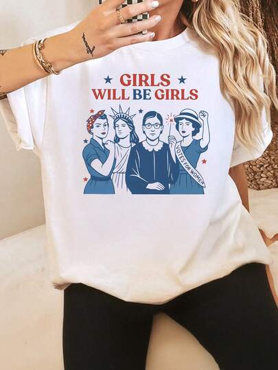 Plus Size Women's Summer Patriotic Graphic Printed Crew Neck Short Sleeve Simple Casual Everyday T-Shirt Top, 4th Of July Summer, Strong American Tops