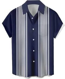 Men's Short Sleeve Button Up Hawaiian Shirt 1950s Vintage Bowling Shirts-20256688 - 保齡球藍寶石條紋 - 查看 1