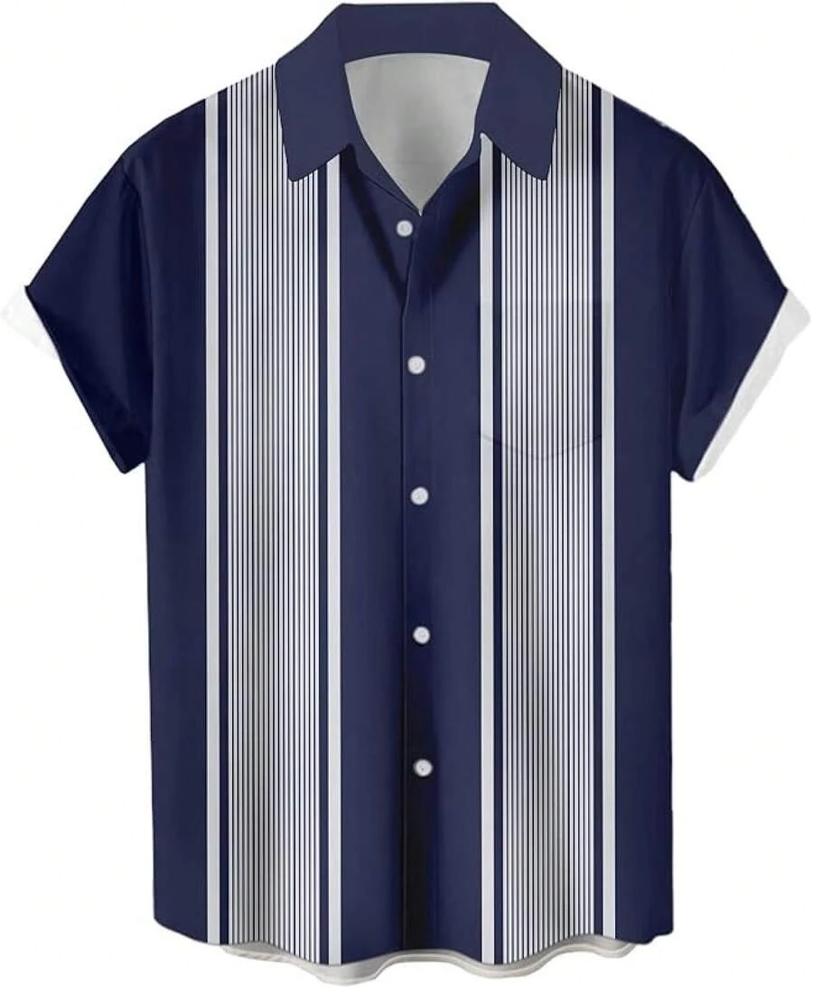 Men's Short Sleeve Button Up Hawaiian Shirt 1950s Vintage Bowling Shirts-20256688 - 保齡球藍寶石條紋 - 查看 1