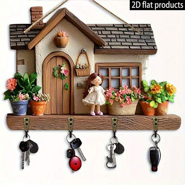 1 pieza Villa plana 2D adorable - Llavero multifuncional de madera para el hogar (30 cm x 23 cm) con cuatro ganchos de metal - Decoración de pared, decoración del porche, decoración de la habitación, decoración de la villa, decoración del hogar de las cuatro estaciones, plano 2D