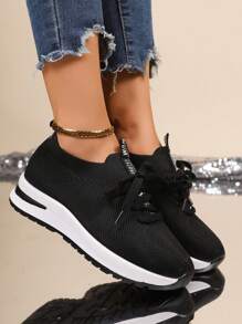 Women's Outdoor Lace-Up Sneakers, Spring/Autumn New Comfortable Breathable Low-Top Sports Shoes, Black Running Shoes
