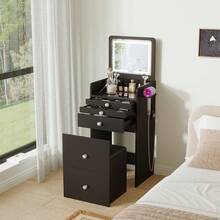 VOWNER 3 In 1 Makeup Vanity Desk With Flip Top Mirror, 19" Compact  Vanity Table With Visible Glass Desktop & Power Outlet, 3 Color Modes, Come With 3 Drawers & Storage Stool, Bedroom Small Vanity Set For Grils Women, Gifts For Christmas - Xem 6