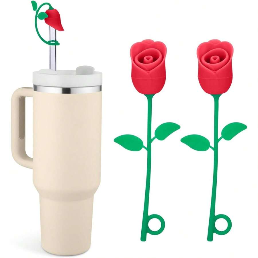 Straw Toppers For  Cup, Cute Straw Cover Cap Compatible With 20 30 40 Oz Tumbler And Water Bottles, 6 8 10mm Straws Accessories, 2Pcs Silicone Rose Flower For Women Girls Friends Gift (Pink)