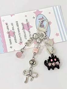 1 件 Y2K 可爱蝴蝶结猫咪造型金属智能手机钥匙扣 - 黑粉 - 查看 4