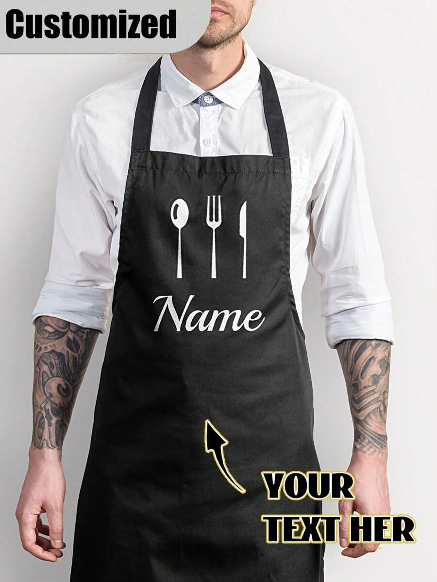 Customized Black Kitchen Cooking Apron, Modern Polyester Oil-Proof Apron, Black Kitchen Apron, Polyester Apron For Garden, Kitchen And Housework Perfe