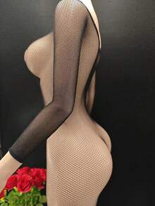 女士性感渔网连体裤 - 高支撑内衣，长袖，镂空设计，弹性氨纶混纺，仅可手洗，浪漫服装 | 性感渔网设计 | 弹性面料紧身胸衣 - 黑色 - 查看 2