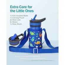 2 Pack Insulated Kids Water Bottle,  14oz Stainless Steel Water Bottles With  Straw Lid, -FREE Lead-Free Double Wall Leak Proof Drink Cups Flask For School (Blue Car +Blue Dinosaur) - 藍色恐龍樂園套裝 - 查看 4