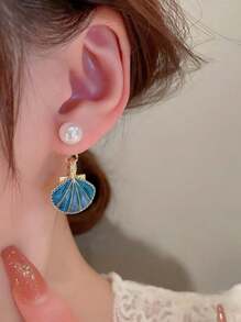 1 Pair Blue Enamel Shell & Pearl 2-Way Wear Earrings, Unique Stylish Earrings For Women & Girls, Suitable For Travel, Wedding, Party, Christmas Gift