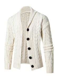Men's Shawl Collar Buttoned Cardigan Sweater With Texture Knit, Thick Long Sleeve Winter Fisherman Casual Jacket - White - View 2