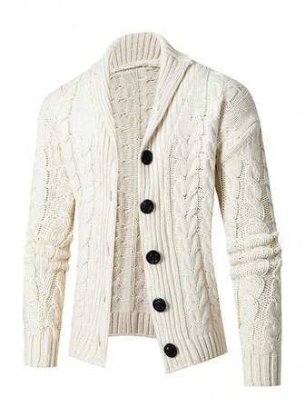 Chaqueta casual de invierno de cuello de chal con botones, de punto texturizado, de manga larga gruesa para pescador