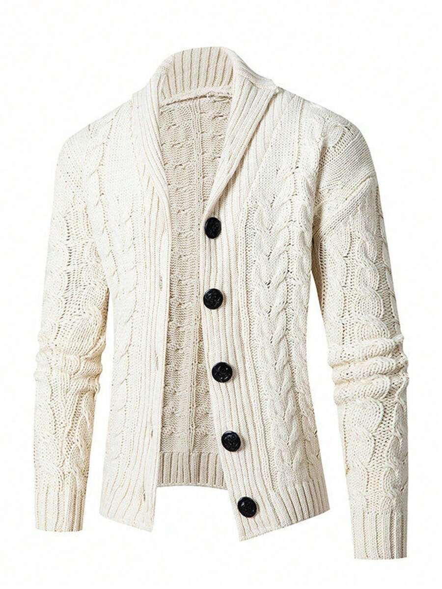 Men's Shawl Collar Buttoned Cardigan Sweater With Texture Knit, Thick Long Sleeve Winter Fisherman Casual Jacket