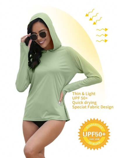 Women's UPF 50+ UV Protection Hooded Long Sleeve Shirt With Thumb Holes, Lightweight Performance Outdoor Sports For Running, Workout, Hiking, Fishing