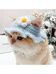 1 pieza Gorro hecho a mano tejido para mascotas con patrón de flores, gorro de crochet lindo para gatos y perros pequeños/medianos - Celeste - Ver 13