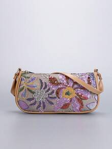 Sequin Embroidered Floral Baguette Bag For Women, Fashionable And Versatile. Sequin Patchwork Underarm Bag, Color-Blocking Embroidered Zipper Shoulder Bag, (Pattern Random) - Multicolor - View 3