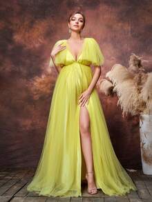 Faeriesty Dressalisa 奢华孕妇优雅低胸露背高开衩薄纱 A 字型婴儿洗礼裙，肩部荷叶边装饰，适合拍摄正式庆典 | 婚礼宾客礼服、晚会、正式活动、颁奖典礼服装 - 黃色 - 查看 4