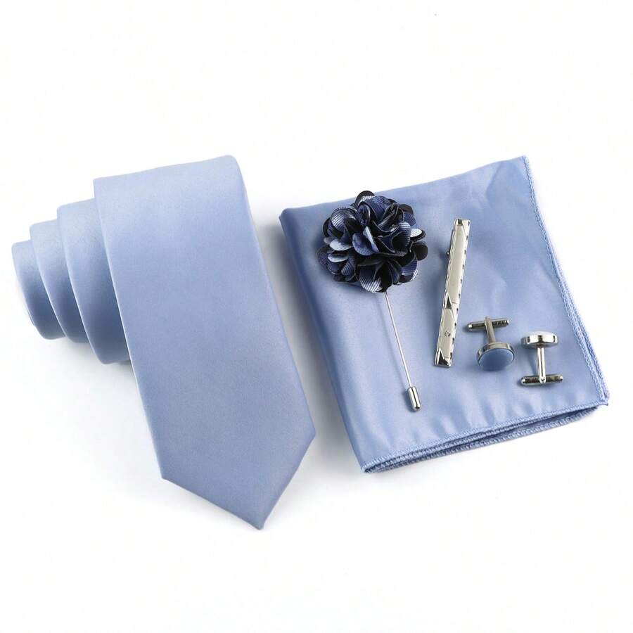 ZONFAZ 5pcs/Set Men's Business Wedding Party Tie & Handkerchief & Cufflinks & Brooch & Tie Clip Combo - Blue - View 1