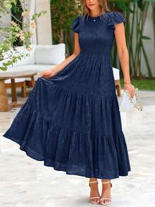 Women's Summer Elegant Dress Floral Cap Sleeves Ruched Ruffles A-Line Long Flowy Boho Dress Cocktail Wedding Guest Gown Vacatio Vestidos Elegantes De Mujer Navy Blue Dresses For Women - 藏蓝色 - 查看 1