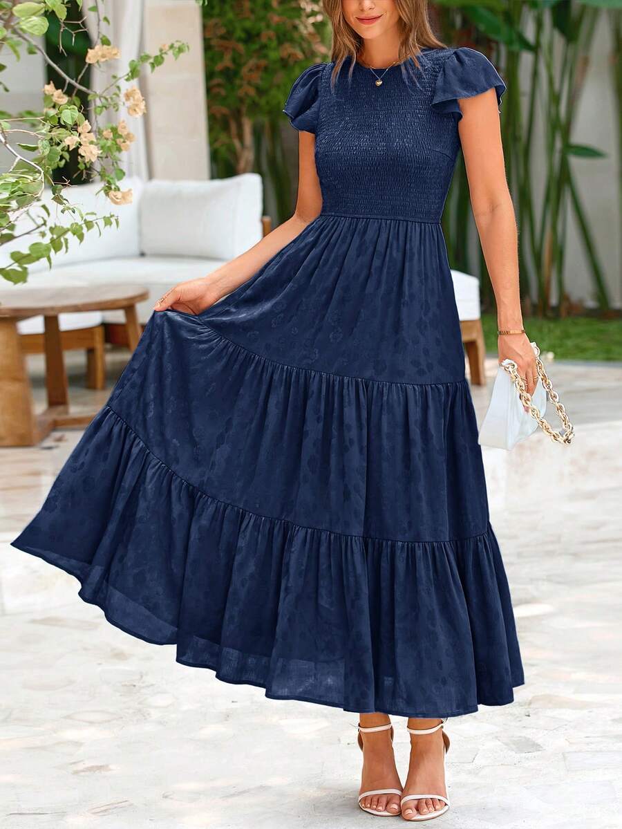 Women's Summer Elegant Dress Floral Cap Sleeves Ruched Ruffles A-Line Long Flowy Boho Dress Cocktail Wedding Guest Gown Vacatio Vestidos Elegantes De Mujer Navy Blue Dresses For Women - 藏蓝色 - 查看 1