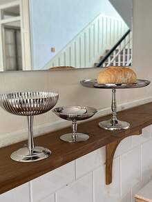 1 Pc Cake Tray, Stainless Steel Silver Dessert Plate, Ice Cream Cup, Home Living Room Dessert Plate, Dessert Display Stand, Birthday Party High-Legged Flat Dessert Plate - Silver - View 7