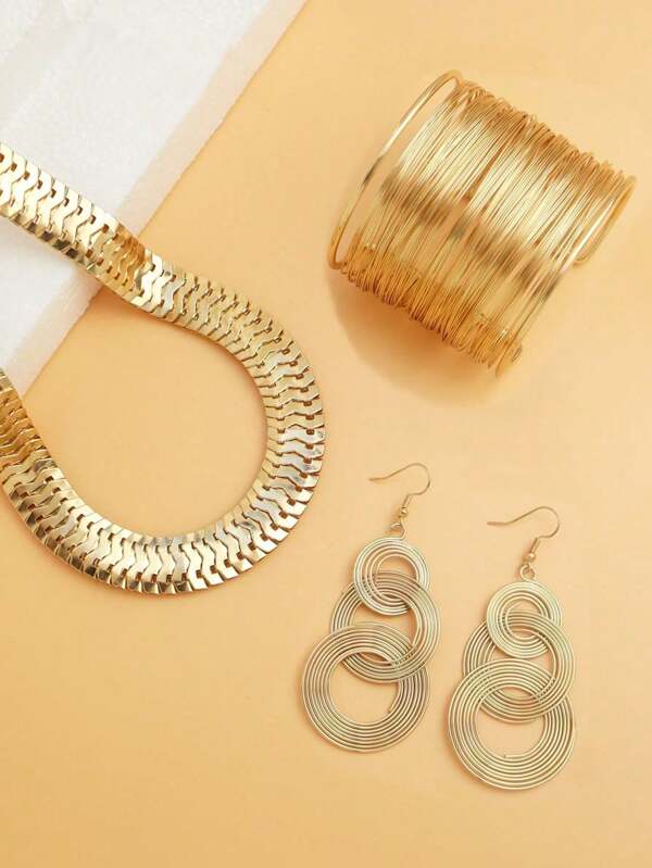 3pcs/Set Fashionable Exaggerated Style Metal Fish Scale Pattern Necklace, Multi-Layer Hoop Earrings, Open Wire Bangle Bracelet Women's Gift