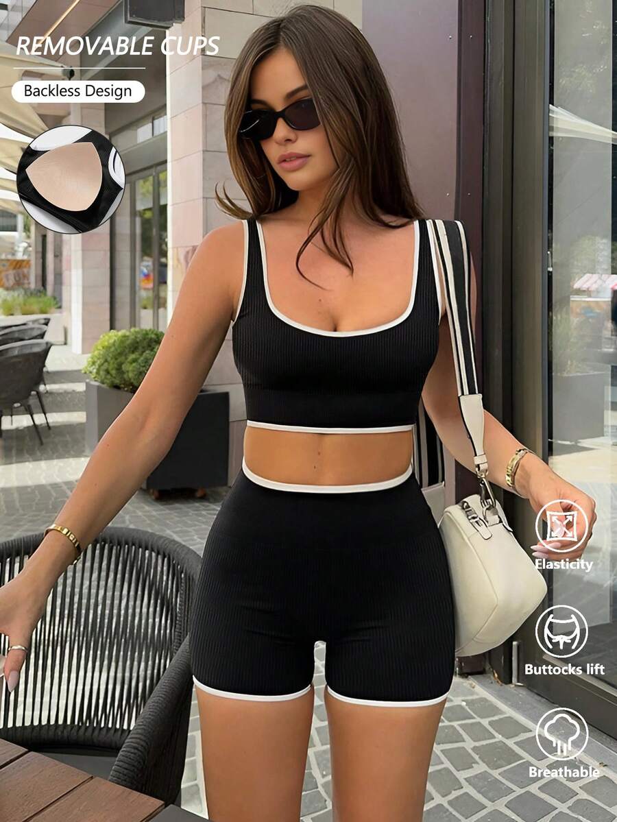 VVX Womens Workout Sets - Seamless Ribbed Yoga Outfits Sports Bra High Waist Shorts Gym Athletic - Black - View 1