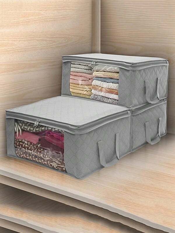 3pcs - Large Storage Bag Storage Box, Clothes Storage Box, Foldable Wardrobe Storage, With Handle, Thick Fabric, Suitable For Clothes, Blankets, Quilts, Bed Sheets, Pillows, And Toys