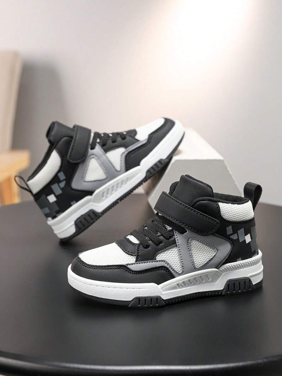 1 Pair Children's Mixed Material High-Top Sneakers, Fashion Leather Patchwork Comfortable Versatile Casual Warm Sports Shoes, Suitable For All Seasons